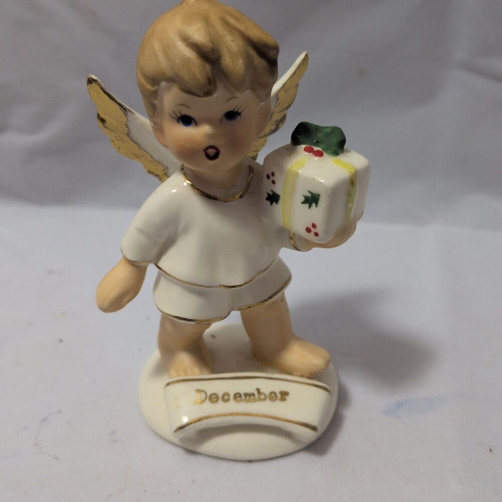 Vintage Enesco December Boy Angel Figurine 1950s Birthday Month Christmas Kitsch
